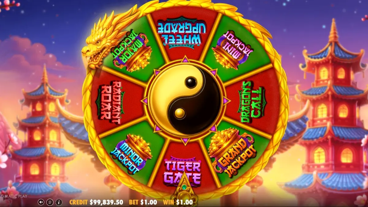 Tampilan layar slot Dragon Tiger Fortunes di perangkat seluler dengan simbol naga, harimau, dan bunga teratai.