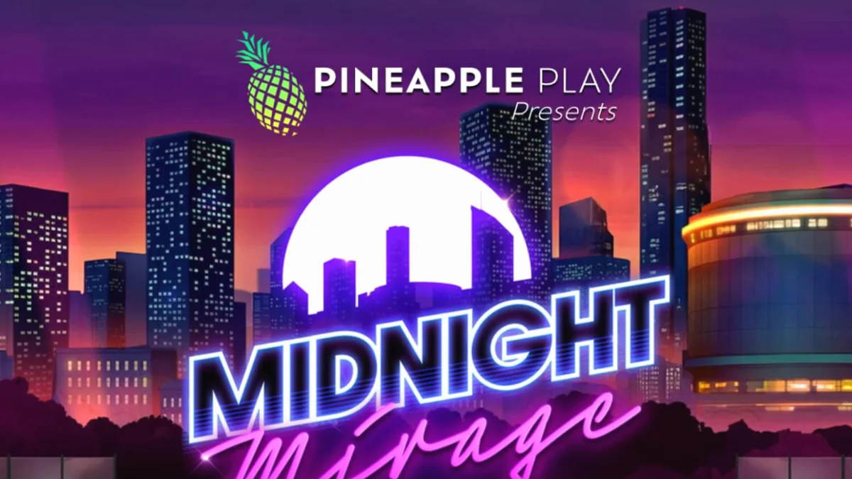 Pemandangan neon kota di malam hari dengan simbol slot mewah di Midnight Mirage
